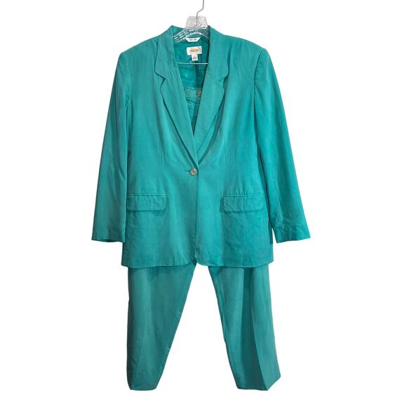 Talbots Vintage Size Size 10 Teal Pure Silk Woman’s 2 Piece Pant and Blazer Suit - Picture 1 of 16